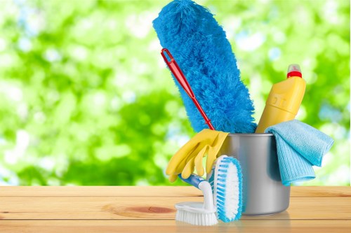 Carpet cleaning team using safe work practices indoors